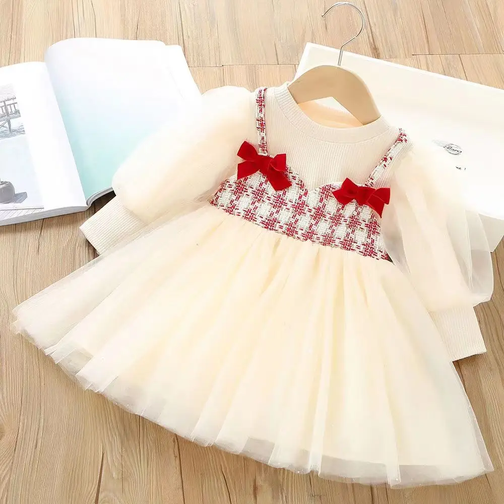 Girl\'s Long Sleeve Dresses Children Autumn Tulle Clothes Bow Kids Tutu Costume Plaid Birthday Party Wear