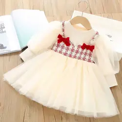 Girls' Dresses Autumn Tulle Long Sleeve Children Dress Bow Kids Tutu Costume Plaid Birthday Party Wear