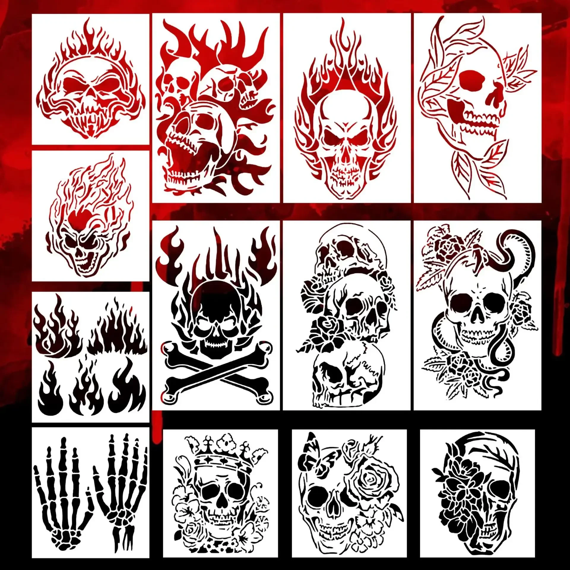 13Pcs/Set Skull Ghost Fire DIY Layering Stencils Painting Scrapbook Coloring Embossing Album Decorative Template