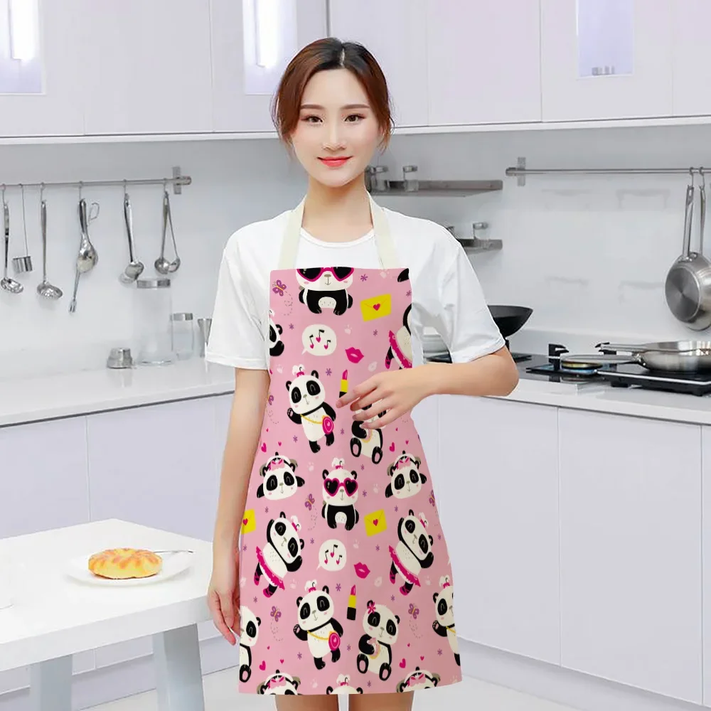 1Pcs Cute Panda Letter Kitchen Aprons For Women Cotton Linen Bibs Household Cleaning Pinafore Home Cooking Apron 55x68cm