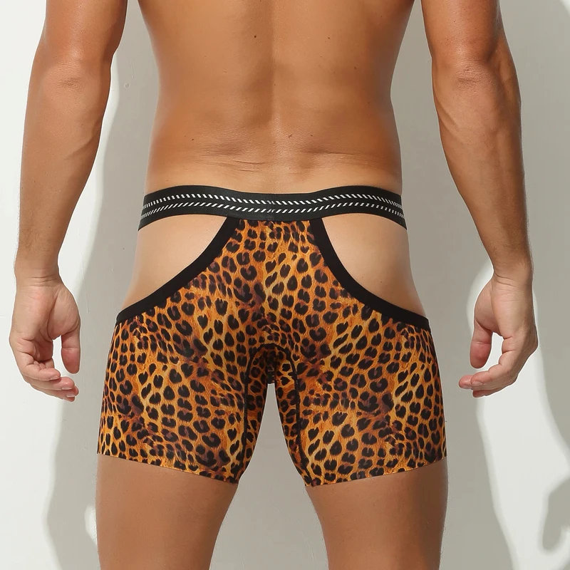 Men's Underwear Ice Silk Boxer Briefs with Anti-Chafing Legs Sissy Sexy Hollow out Breathable Leopard Print Long Cut Underwear
