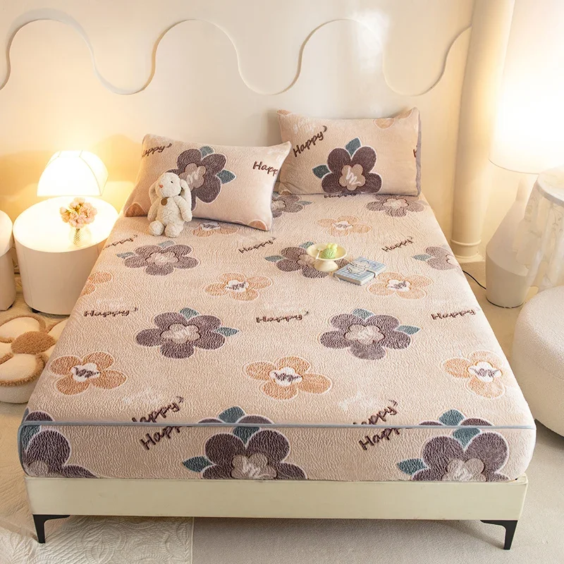 Nowflakes Pile Sheet Is Tasted The Fitted  Autumn Winter Thickened Warm Cartoon Bed Cover 360 Degree Mattress with Elastic Wrap