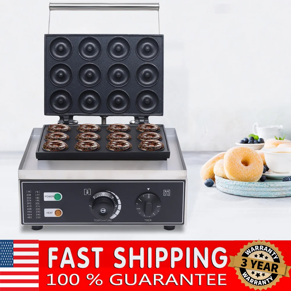 Máquina eléctrica para hacer rosquillas, máquina comercial para rosquillas de 1550w con superficie antiadherente, bandeja para hornear de 12 compartimentos, temperatura 50-300 ℃