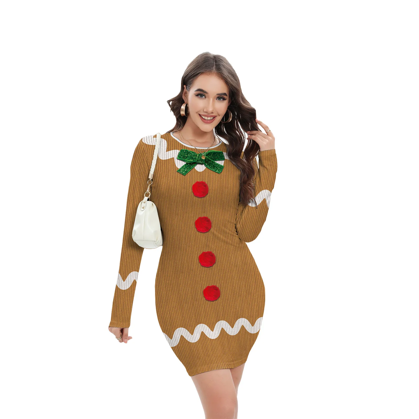 2025 جديد حفلة عيد الميلاد عيد الميلاد المرأة قزم سترة شريط فستان مُزين بطباعة بأكمام طويلة أداء الحفلات تأثيري ازياء