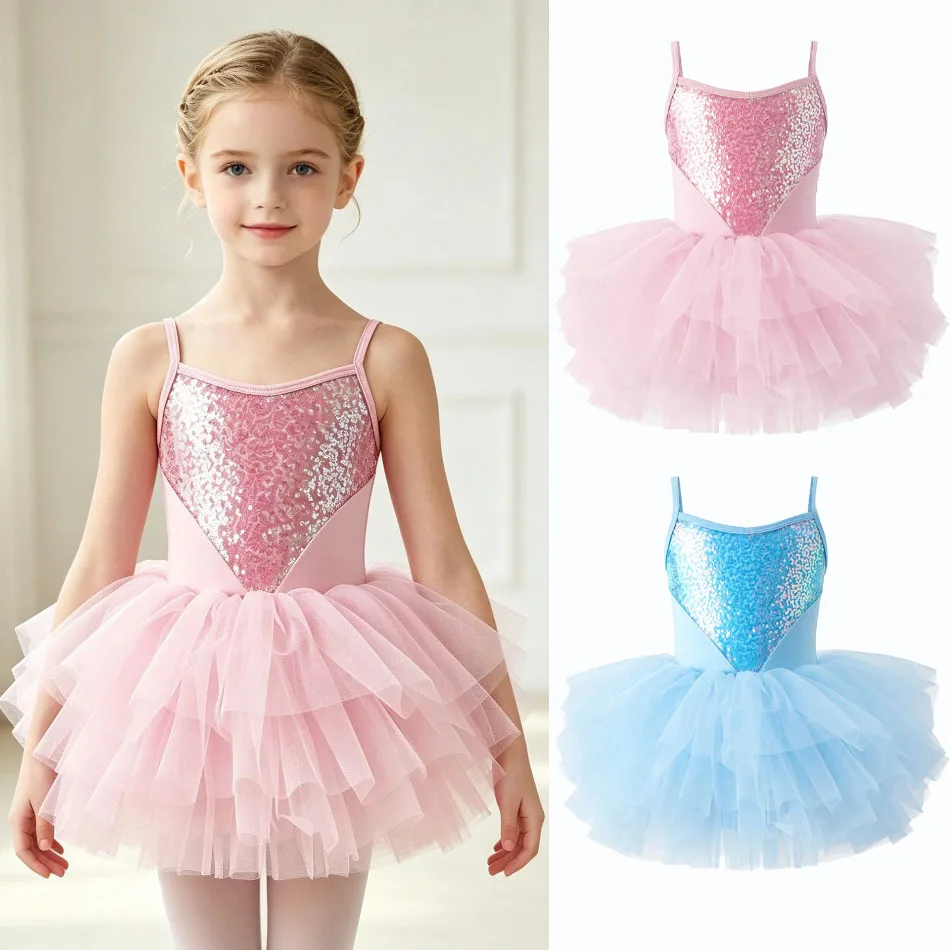 Girls Ballet Dress Sequin Bodice Spaghetti Strap Layered Tulle Skirt Tutu Dance Costume Performance Birthday Party Outfit JY15
