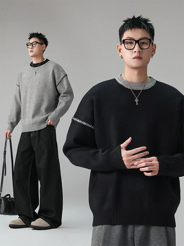 

Мужской вязаный свитер на осень-зиму, свободный крой, длинный рукав, с декоративной строчкой, цветными блоками, круглым вырезом, теплый базовый слой