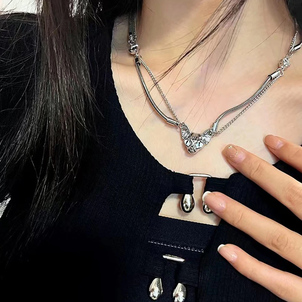 Fashion Double Chain Sphynx Pendant Necklace Women Girls Y2k Popular Cat Choker Jewelry for Birthday Gifts