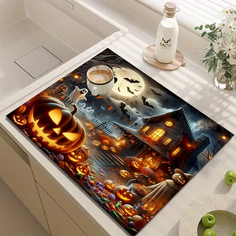 VIKAMA Halloween Haunted House Quick Dry Absorbent Non Slip Washable Kitchen Counter Drying Mat Table Placemat