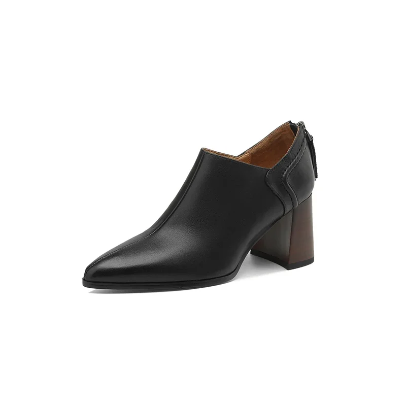 2024 new Women pumps natural leather 22-25cm washed cowhide+pigskin full leather thick heel back zip Vintage women shoes