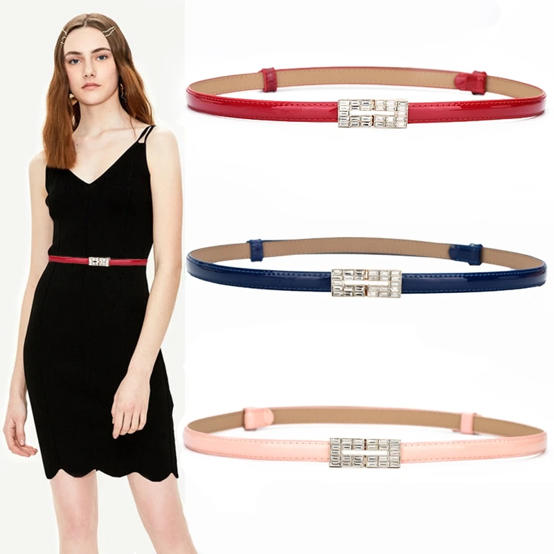 

Thin Elegant Women Belt Luxury Rhinestone Buckle Causal Ladies Waistband Female Skinny Dress Accessories Leather Designer Girdle