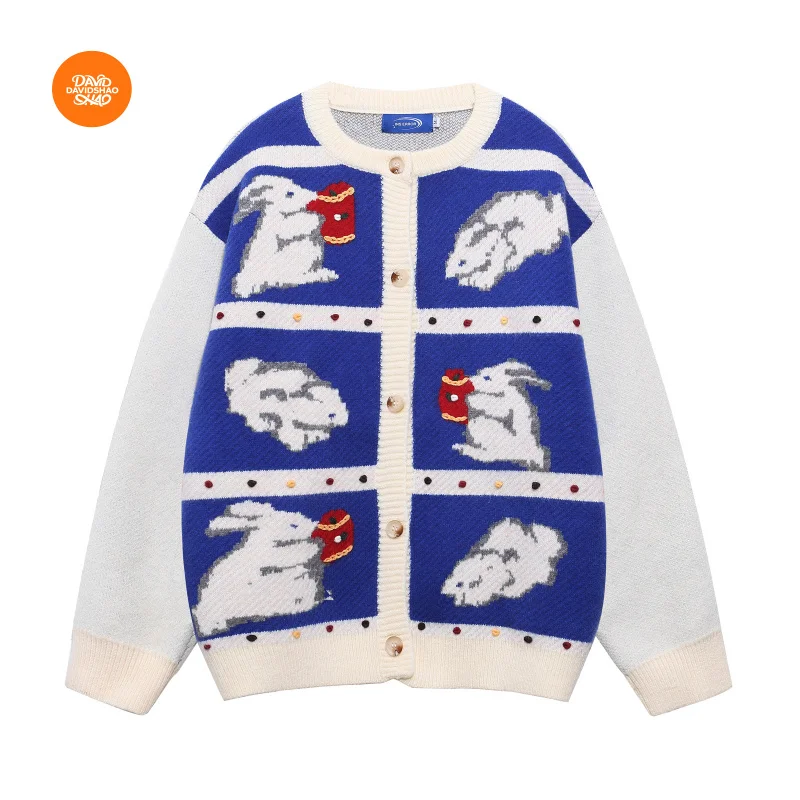 

DAVIDSHAO EU US Size High Quality Luxury Clothing Fun Little Rabbit Jacquard Unisex Autumn Winter Versatile Cardigan Sweater