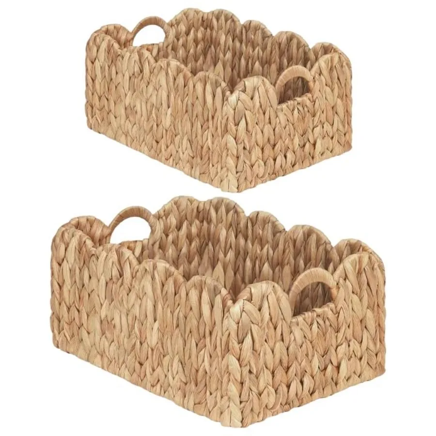 

Scalloped Wicker Basket, Set of 2 Woven Rattan Natural Water Hyacinth Baskets with Built-in Handles, Storage Baskets for Organi