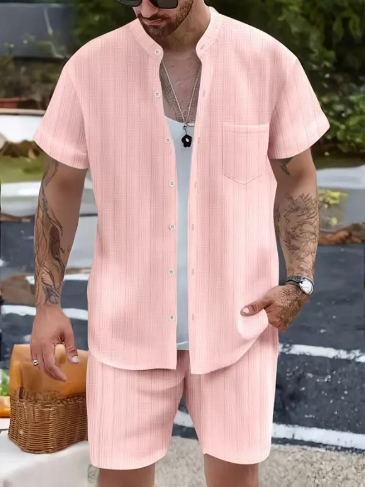 2025 Summer hot men's fashion Henry collar jacquard pocket shirt daily casual solid color drawstring shorts beach two-piece Set