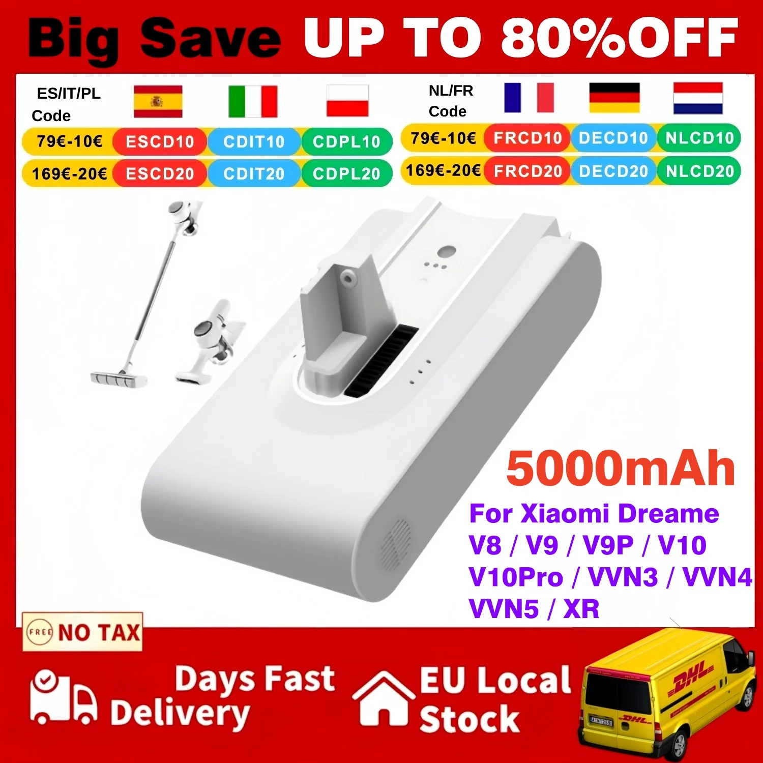 Batterie d'origine V9P 5000mAh pour Dreame V9 XR V10 VVN3 VVN4 V8, batterie de remplacement, accessoire pour aspirateur à main sans fil