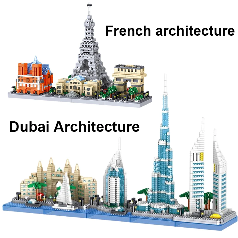

Dubai France Micro Building Blocks Eiffel Burj Khalifa Tower Famous Landmark 3D Model De La Tour Hotel Arabia Mini Brick Toys