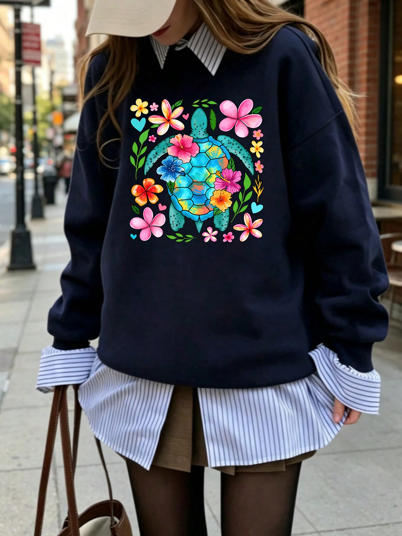 Heart Sea Turtle Tropical Hibiscus Flower Print Pullover Women'S Autumn Fleece Sweatshirt Loose Sportswears Jogging Clothes