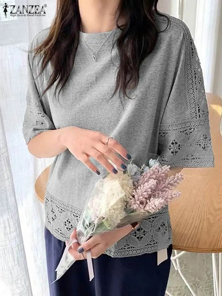 Bohemian Lace Tops Women Summer Blouses ZANZEA 2023 Casual Half Sleeve Blusas Female Hollow Out Solid Tunic Oversized Chemise