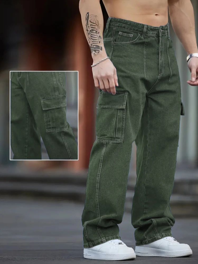 Men's Straight Cargo Pants Casual Fashion Large Pockets Functional Pants European American Streetwear Male Denim Pants
