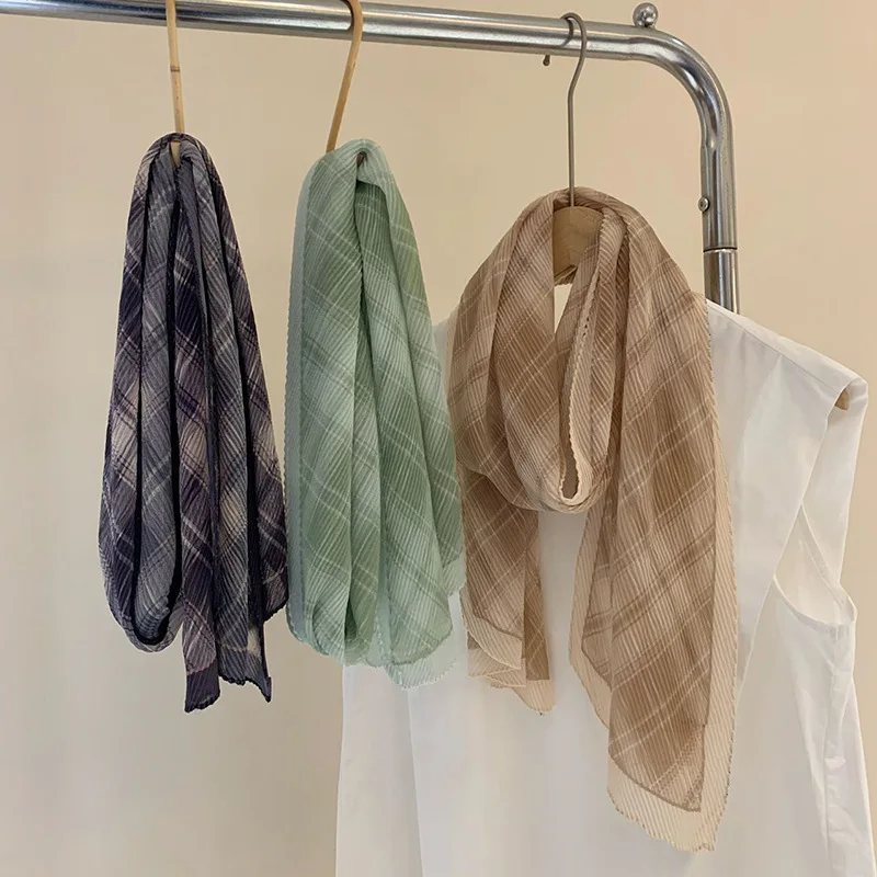 

Japanese and Korean-style crinkled plaid scarf for women, elegant commuting shawl, artistic fashion accessory, tartan silk scarf