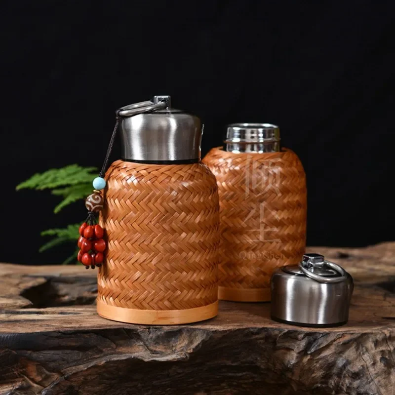 Vintage Retro Stainless Steel Vacuum Cup Handmade Bamboo Woven Thermal Water Bottle Premium Travel Portable Thermo Pot