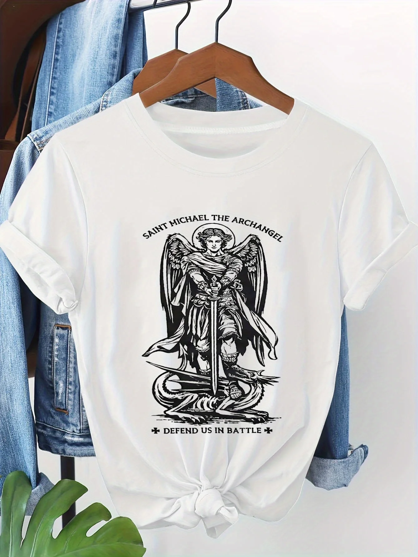 

Women's T-shirt Short Sleeve SAINT MICHAEL THE ARCHANGEL DEFEND US IN BATTLE Letter Print Casual Daily Top For Summer & Spring