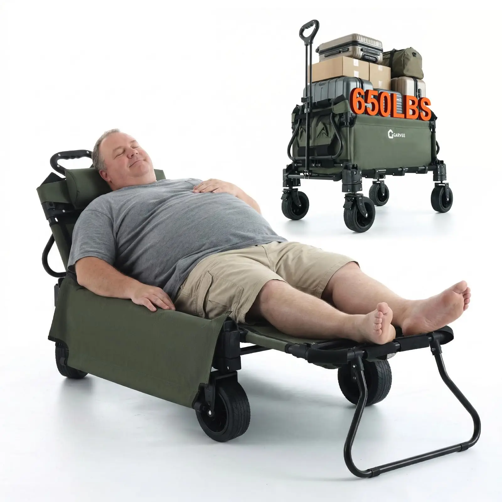 2-in-1 Garden Wagon Cart Converts to Lounge Chair Foldable Festival Trolley on Wheels with Adjustable Handle and Drink Holder