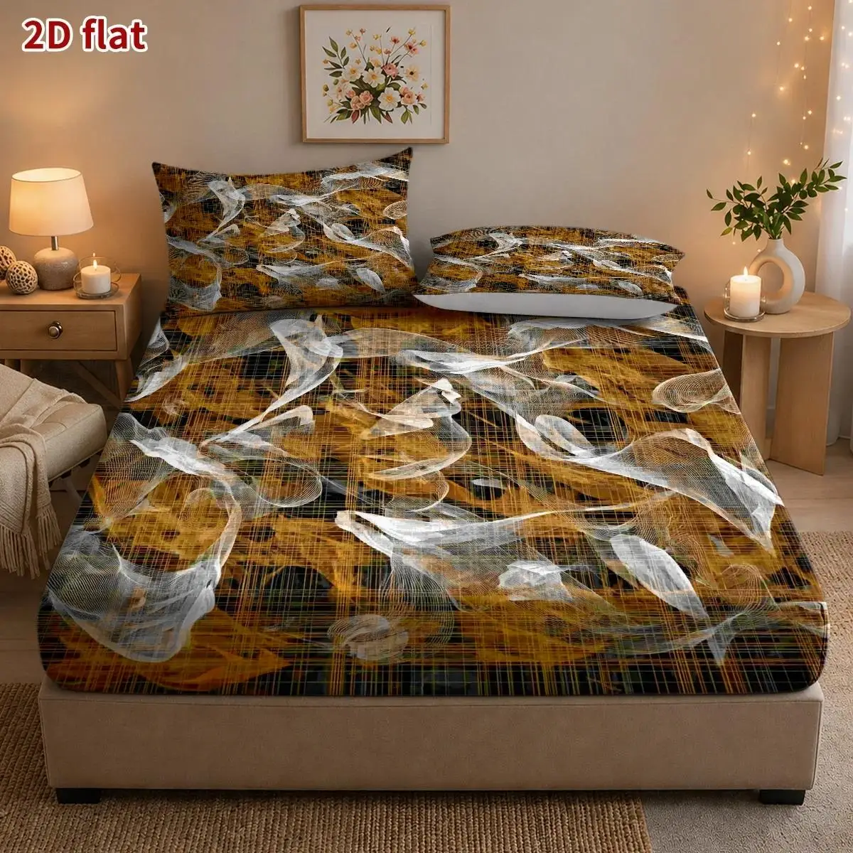 Bedding Set with Pillowcases Halloween Abstract Liu'T (Includes 1 Fitted Sheet + 2 Pillowcases) Mattress Protector, Fitted Elastic Style, Protective Cover, 2D Flat Printing, Mattress Protector, Angel Feast Theme, Vintage Oil Painting Style, Suitable for All Seasons, Machine Washable Design, Holiday Decoration, Various Sizes, Breathable Protective Cover with Pillow