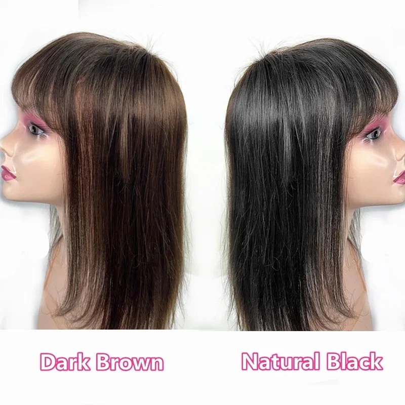 Adornos de cabello humano negro Natural de 18-45cm para mujer, Clip en pieza de cabello con flequillo, extensiones de ca