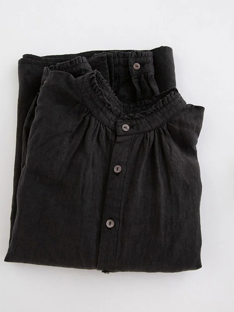 Los Katoen Linnen Lange Sve irt Opstaande Kraag Button up Pure Kleur Pendelen Sle Dames Faion Loose Fit Linnen irt