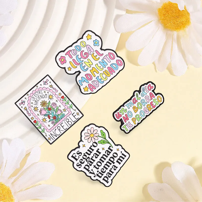Spanish Encourage Rainbow Quote & Flower Badge Enamel Pin Todo Llega En El Momento Adecuado Brooch Bags Lapel Badge Jewelry Gift