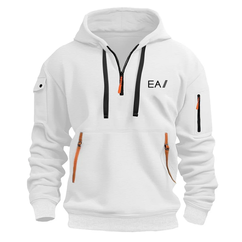 

2025 Men's hooded sweatshirt with loose pullover, fashionable zipper pocket ribbon sweatshirt, casual daily men's jacket S-XXXL