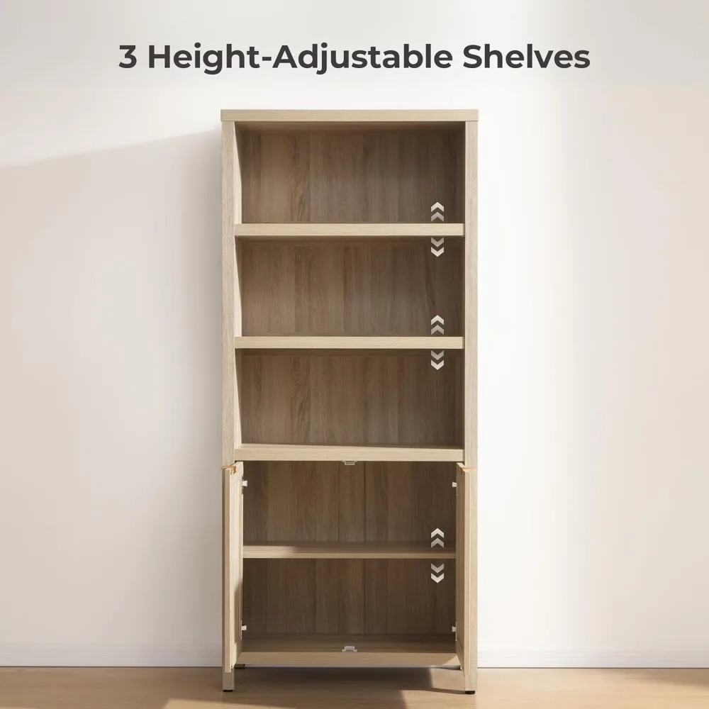 Bookcase 71" Tall Bookshelf 5 Tier Rattan Boho Bookcase with Doors Storage Large Book Case Shelf Farmhouse Bookshelves Shelves