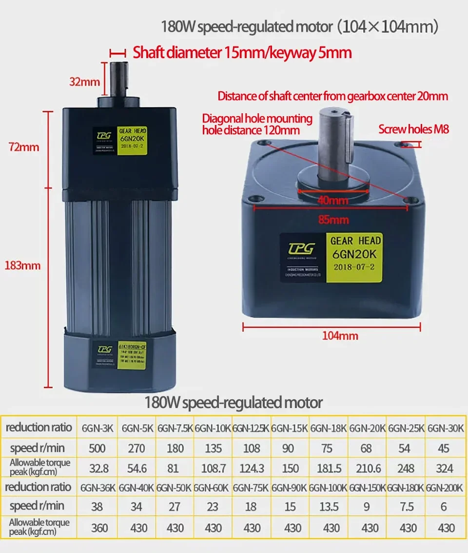 Imagem -06 - Motor de Engrenagem ca com Velocidade Ajustável Monofásico Alto Torque Motor Assíncrono 6ik180rgn-cf 180w 220v