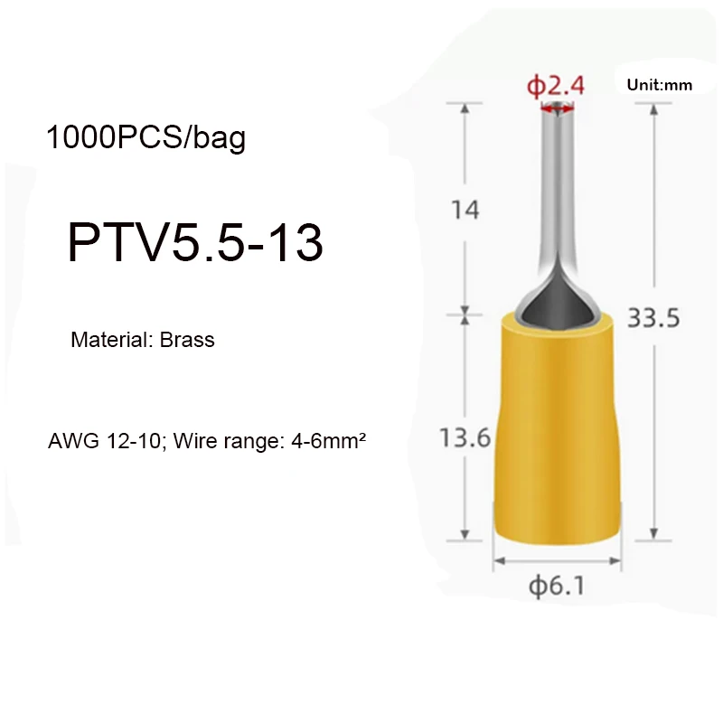 Imagem -05 - Isolado Pin Terminais Elétricos Splice Friso Conector Auto Fiação Ptv1.25-10 1.25-12 Ptv2-10 Ptv5.5-13 1000 500 Pcs2216awg