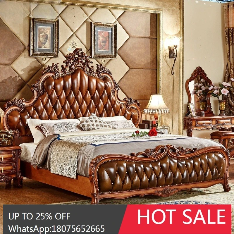 

SGF European-style Carved Leather Full Solid Wood Double Wedding Bed