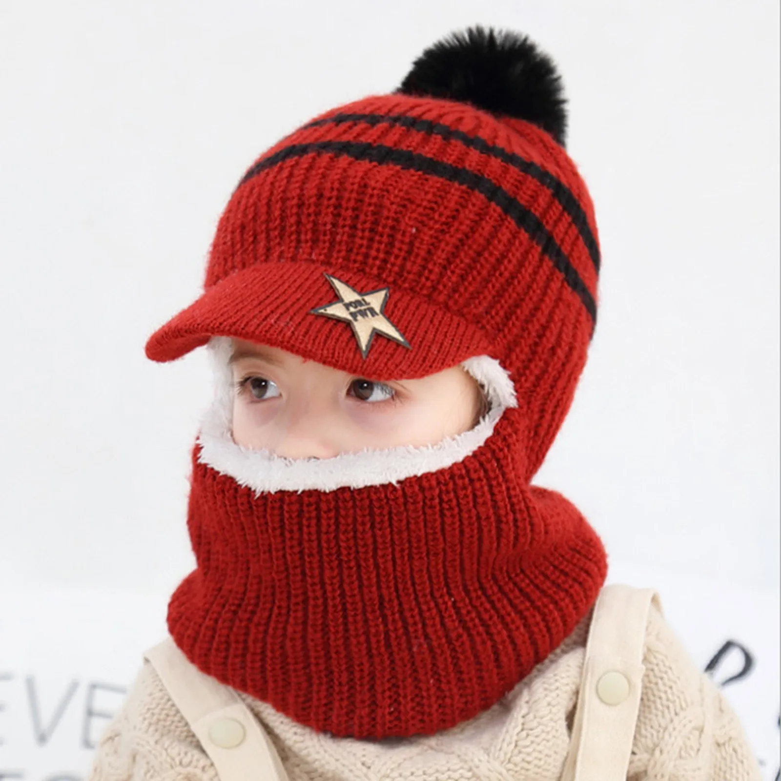 Outdoor Ear Protection Cap Winter Warm Hooded Scarf Earflap Fleece Lining Baseball Caps Knitted Cap Kids Beanie Hats