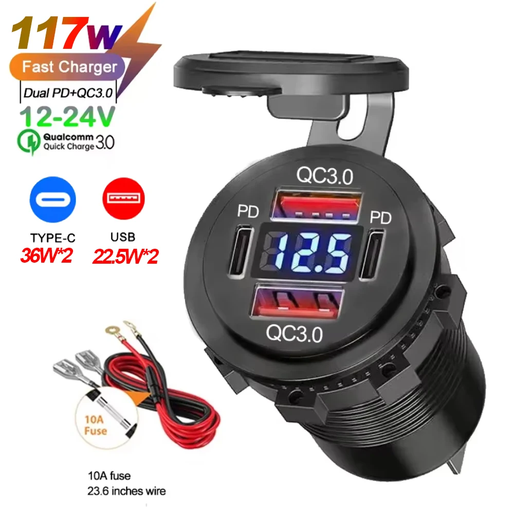 NEUE 117 W Dual PD Dual QC 3,0 USB Auto Ladegerät mit Voltmeter Buchse Steckdose Adapter Wasserdicht für 12 V/24 V Auto Boot Heißer Verkauf