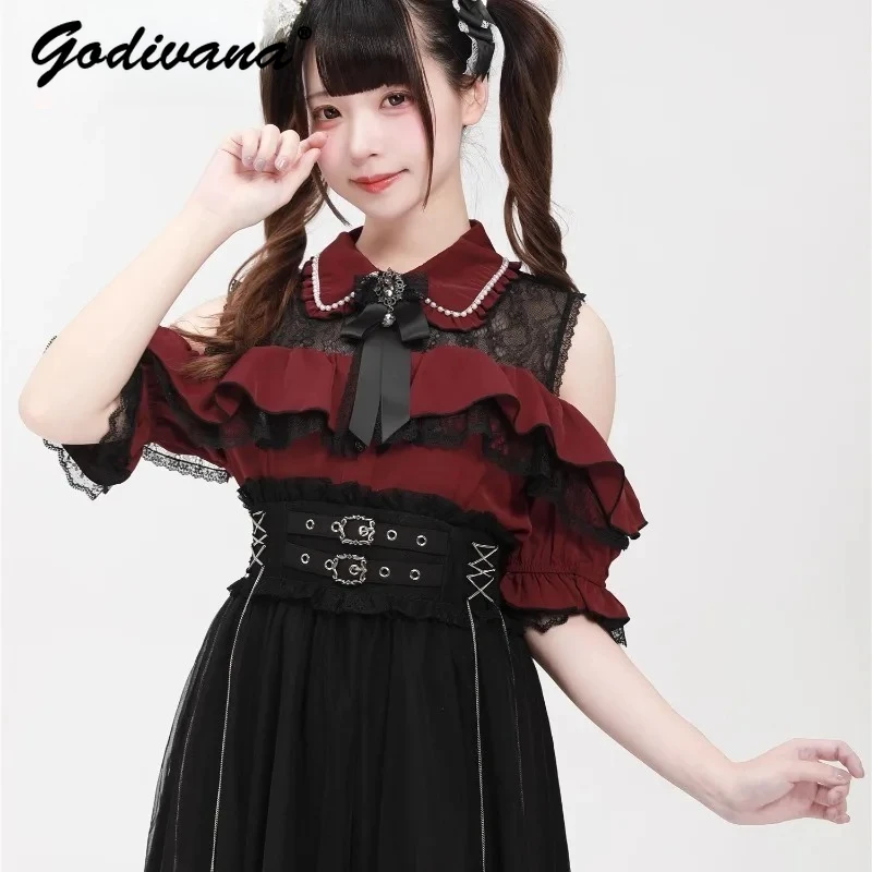 

Original New Summer Pearl Beaded Collar Off-the-shoulder Lolita Short-sleeved Shirt Sweet Girls Cute Bow Lace Blouse Blusas
