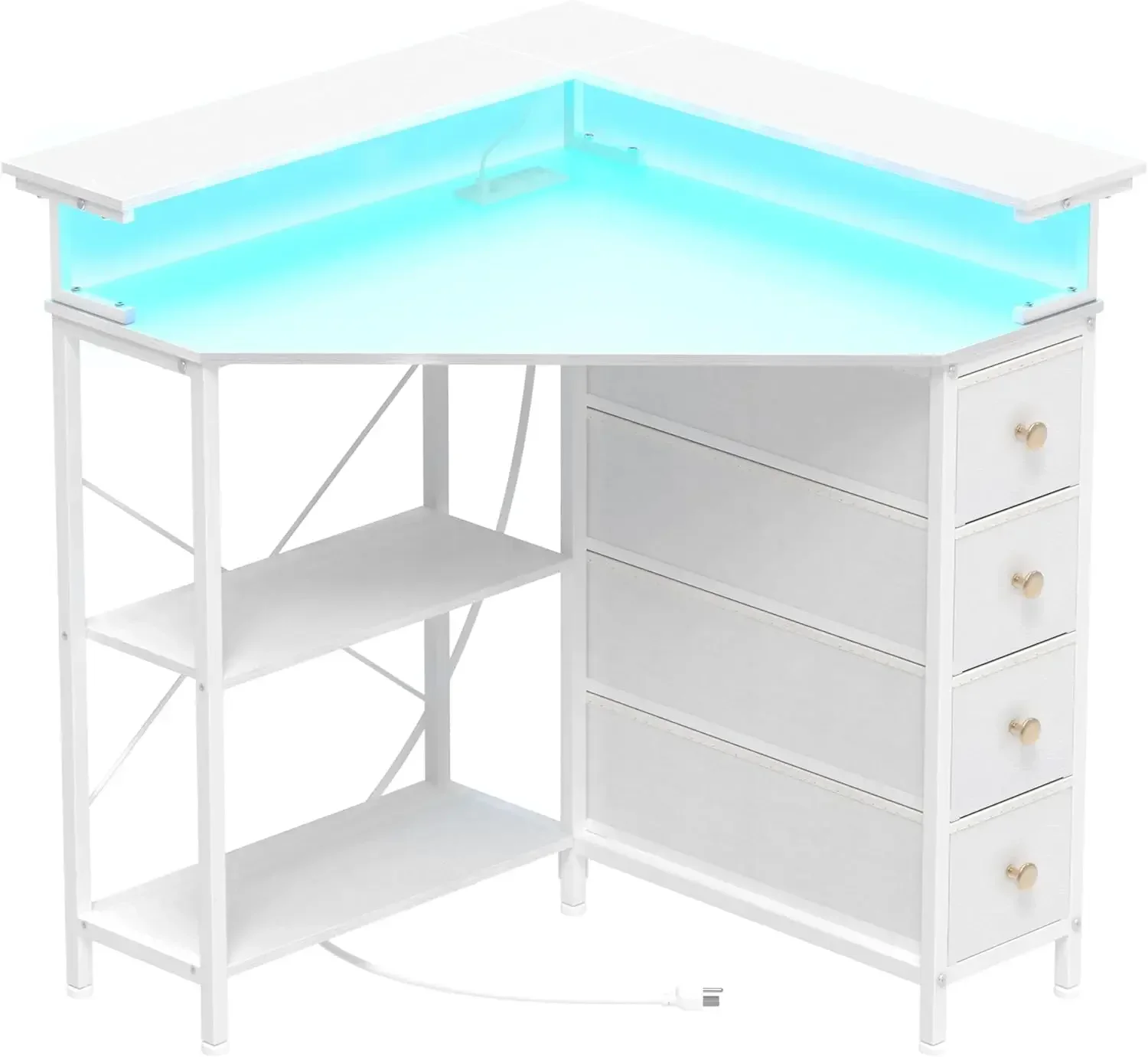 Corner Desk with Drawers Shelves for Small Space 90 Degrees Triangle Computer Desk with Power Outlets,Gaming Desk with LED Light