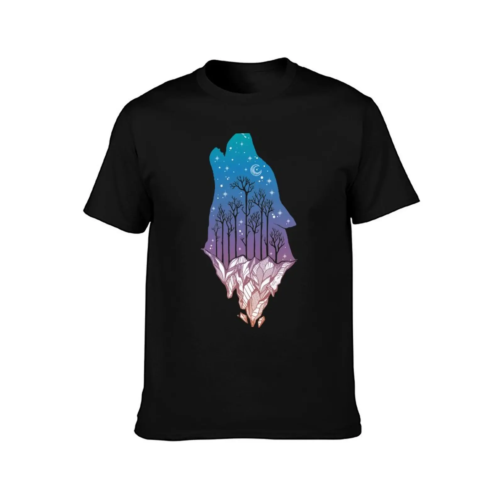 Lone Wolf Howling at the Moon in a Forest on a Mountain Range T-Shirt Non-Shrink Basic Cotton T-Shirt