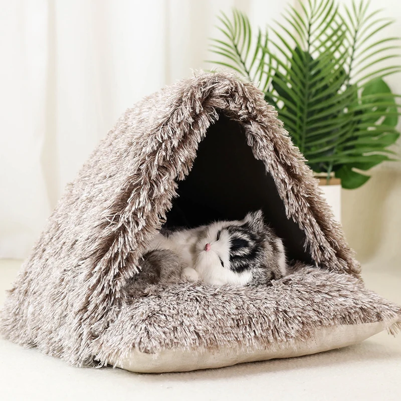 

New Pet Tent House Warm Plush Cat Bed Soft Kitten Nest Kennel for Puppy Cats Indoor Sleeping Tent With Cushion Pet Supplies