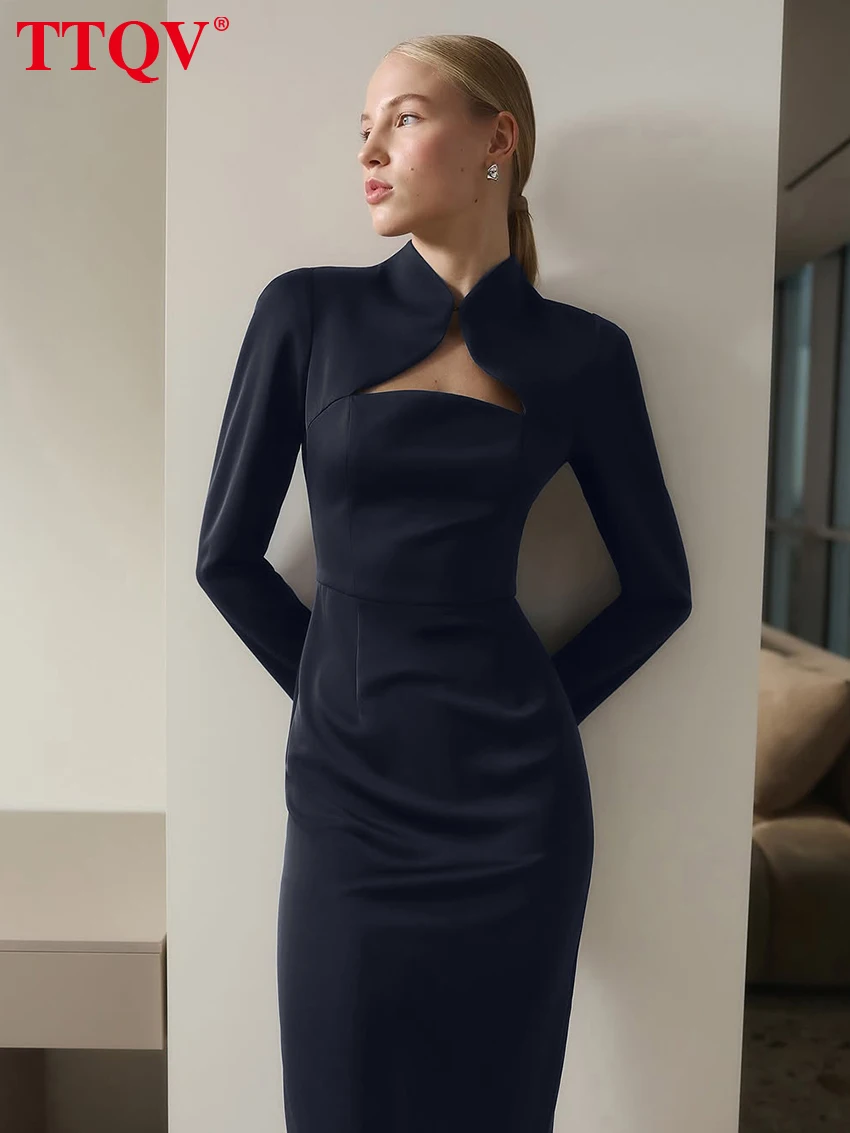 

TTQV Spring Slim Dark Blue Women's Dress 2026 Fashion Stand Collar Long Sleeve Midi Dresses Elegant Hollow Out Female Dress