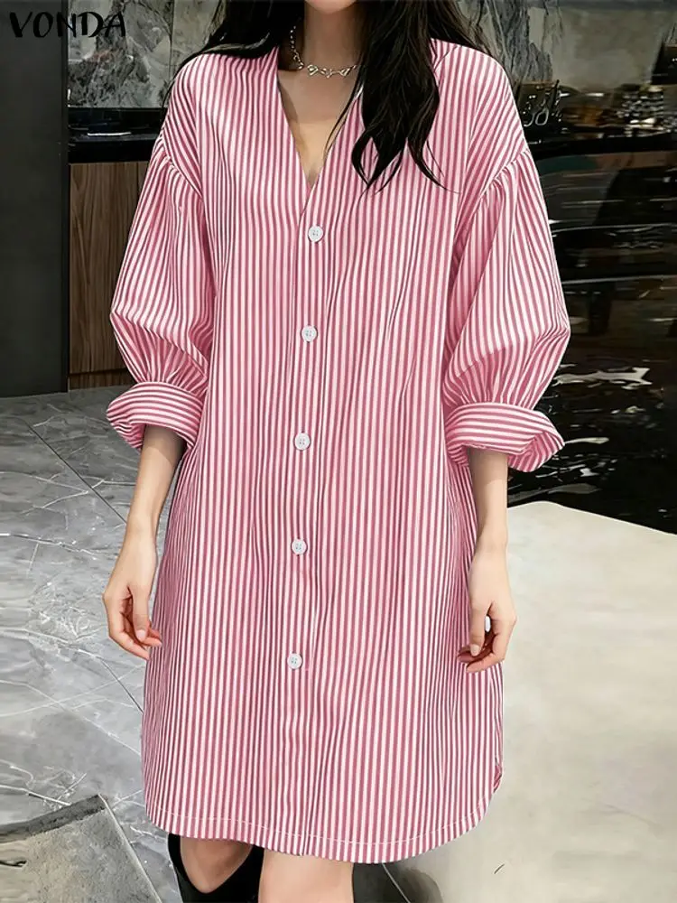 VONDA mode robes rayées femmes chemise longue 2025 printemps été Mini robe d'été col en v manches bouffantes décontracté coréen robes courtes