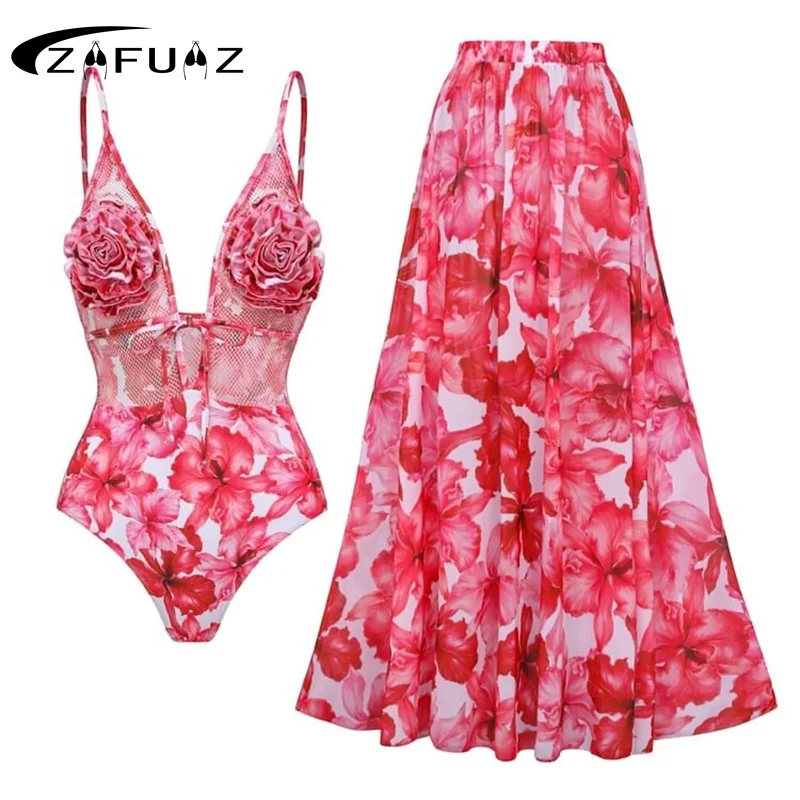 

ZAFUAZ 2024 New Women‘s Swimsuit and Skirt Sexy 3D Flower One Piece Bikini Set Swimwear Beachwear Bathing Suit Monokini Dress