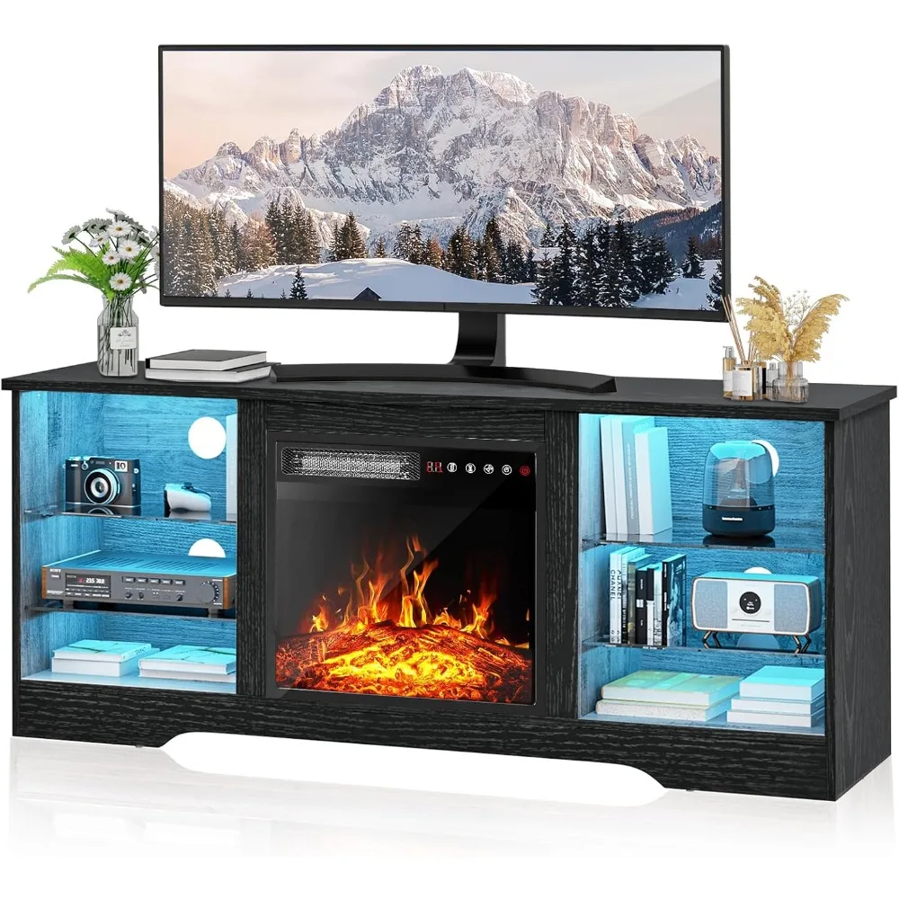 

Fireplace TV Stand with 18" Fireplace for Living Room,58" Entertainment Center with Leg Lights,Modern Storage Console Cabinet f