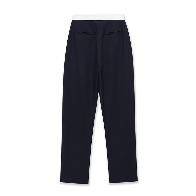YENKYE New Auutmn Women Contrast White High Waist Casual Pants Navy Blue Straight Suit Trousers