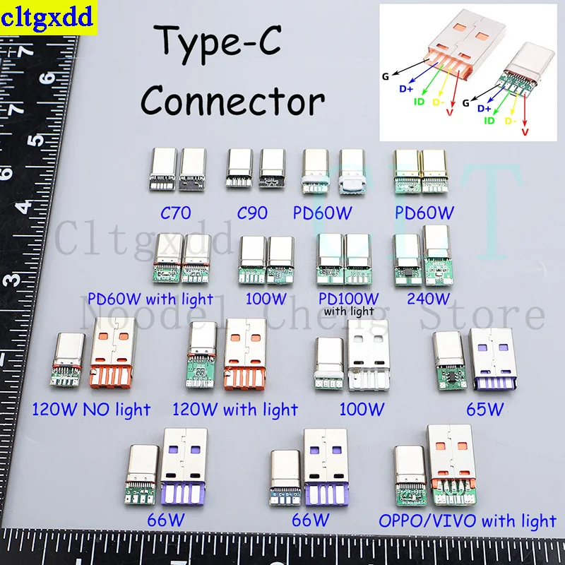 Cltgxdd 1 Set Quick Charging Type-C USB 65W 66W 120W 240W 5A Male Connector Welding 5Pin Male DIY OTG Data Cable Charging DIY