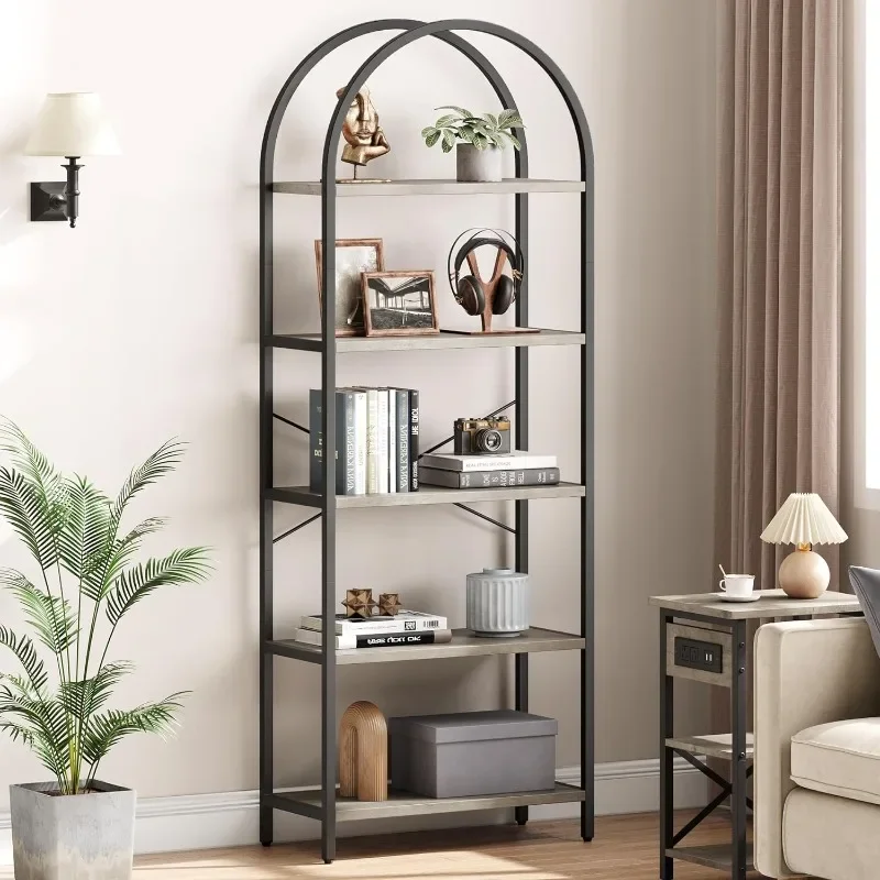 

Bookshelf 5 Tier Bookcase Arched Display Racks Tall Standing Bookshelves Metal Frame Farmhouse Storage Rack Shelf