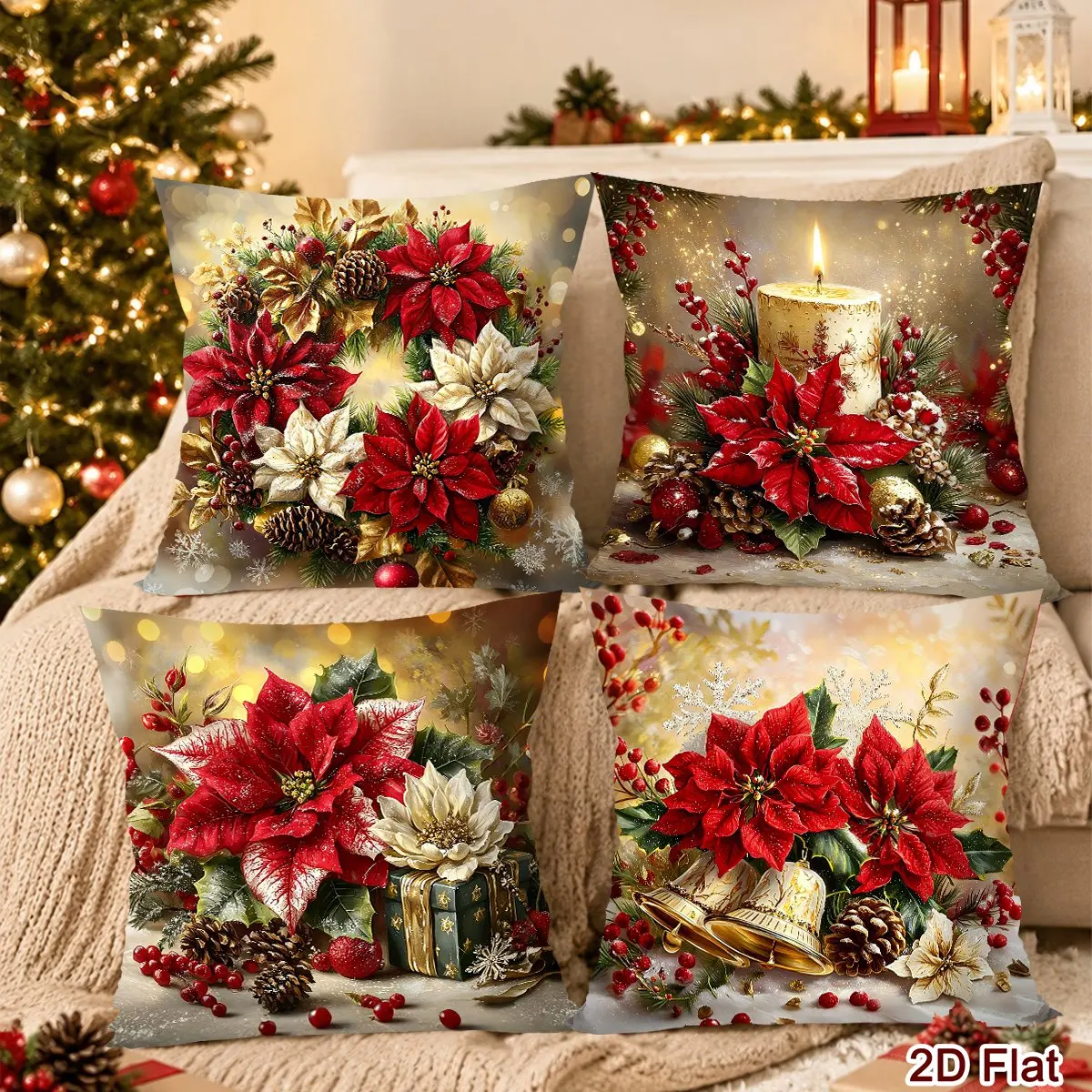 4pcs Merry Christmas Cushion Covers Retro Poinsettia Soft Pillow Covers Navidad Christmas Decor for Home Living Room Sofa 2026