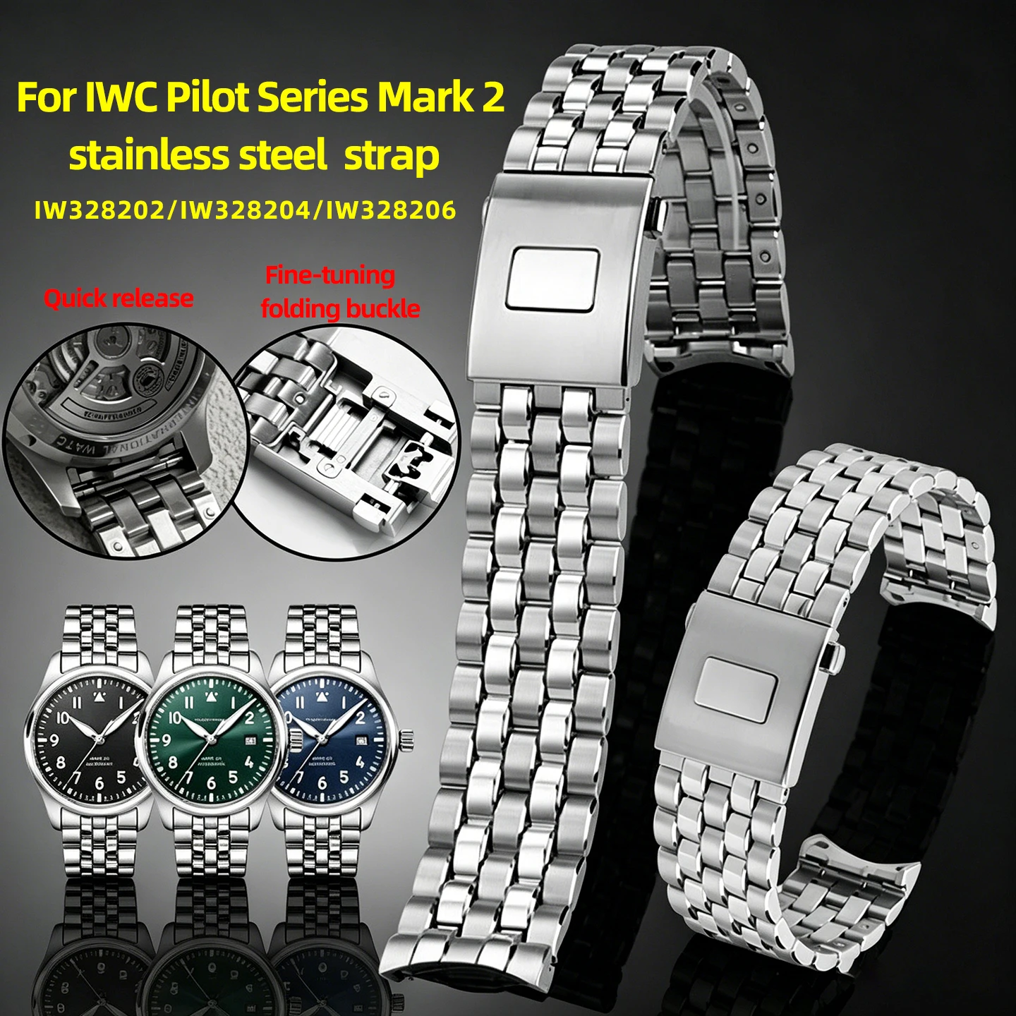 20mm High Quality Silver Stainless Steel Watch Strap For IWC Pilot Mark 20 IW328202 IW328204 IW328206 Metal Replacement Bracelet